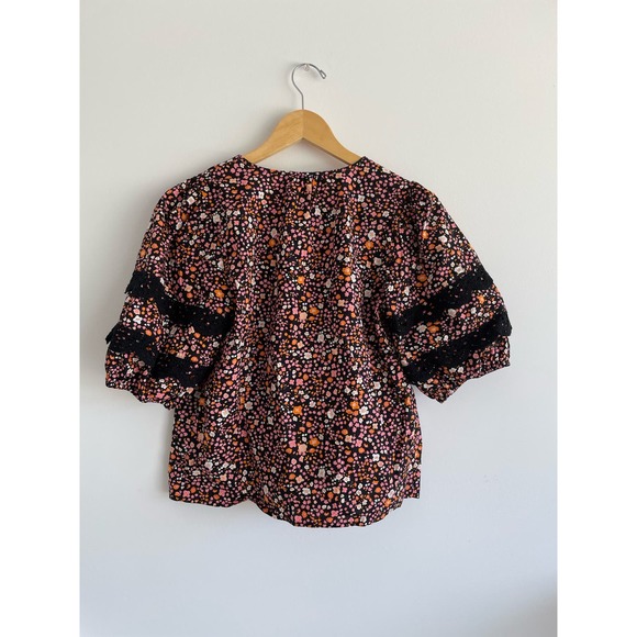 Oliver Bonas Floral Print Broderie Sleeve Black Cotton Blouse | size 6 - Picture 5 of 5